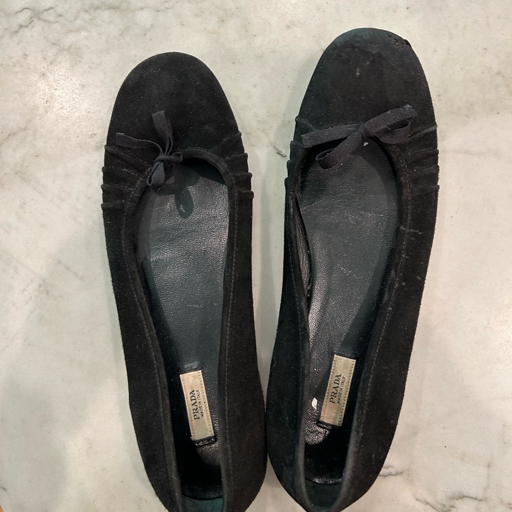 Prada Black Suede Ballet Flats with Bow Detail